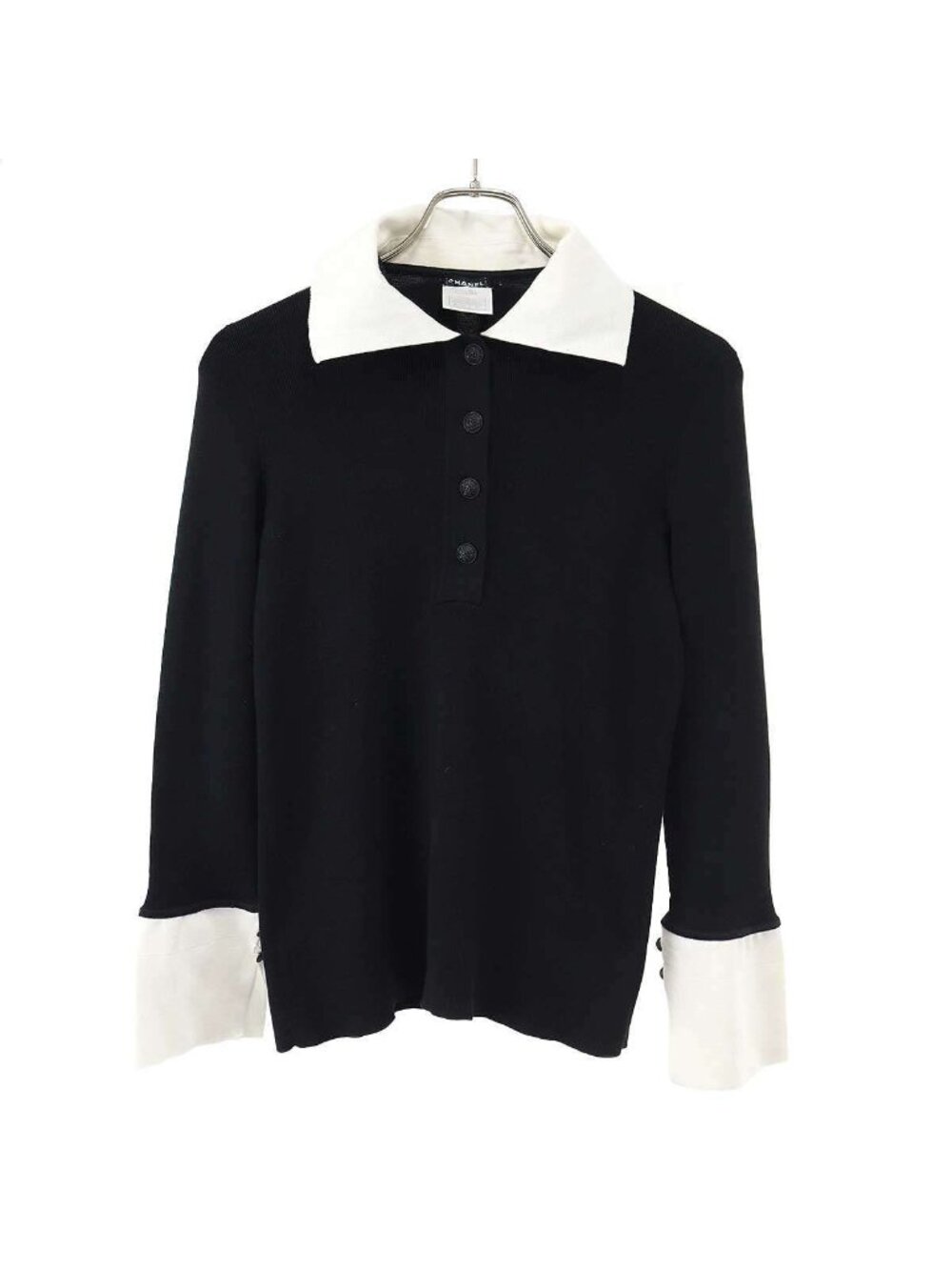 Chanel Long Sleeve Ribbon Knit Polo Shirt Black White 42